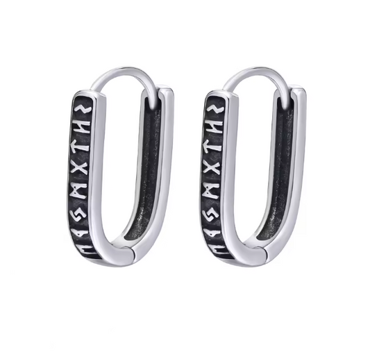 U-Shaped Viking Rune Hoop Earrings – Stainless Steel Norse Amulet Huggies for Men