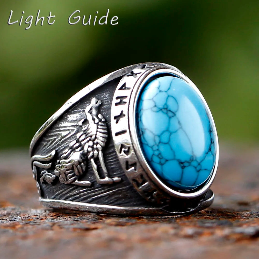 Stainless Steel Viking Rune and Wolf Ring with Green Zircon β Strength, Power & Norse Spirit