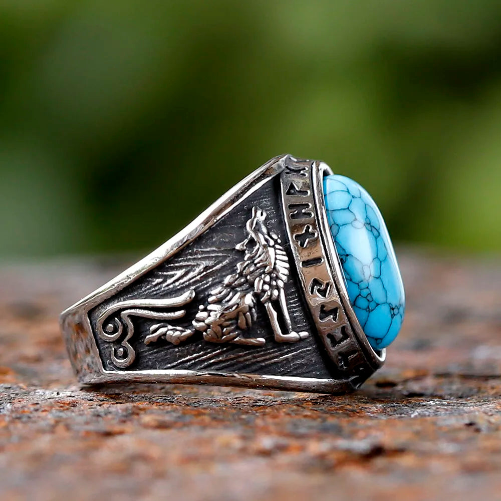 Stainless Steel Viking Rune and Wolf Ring with Green Zircon β Strength, Power & Norse Spirit