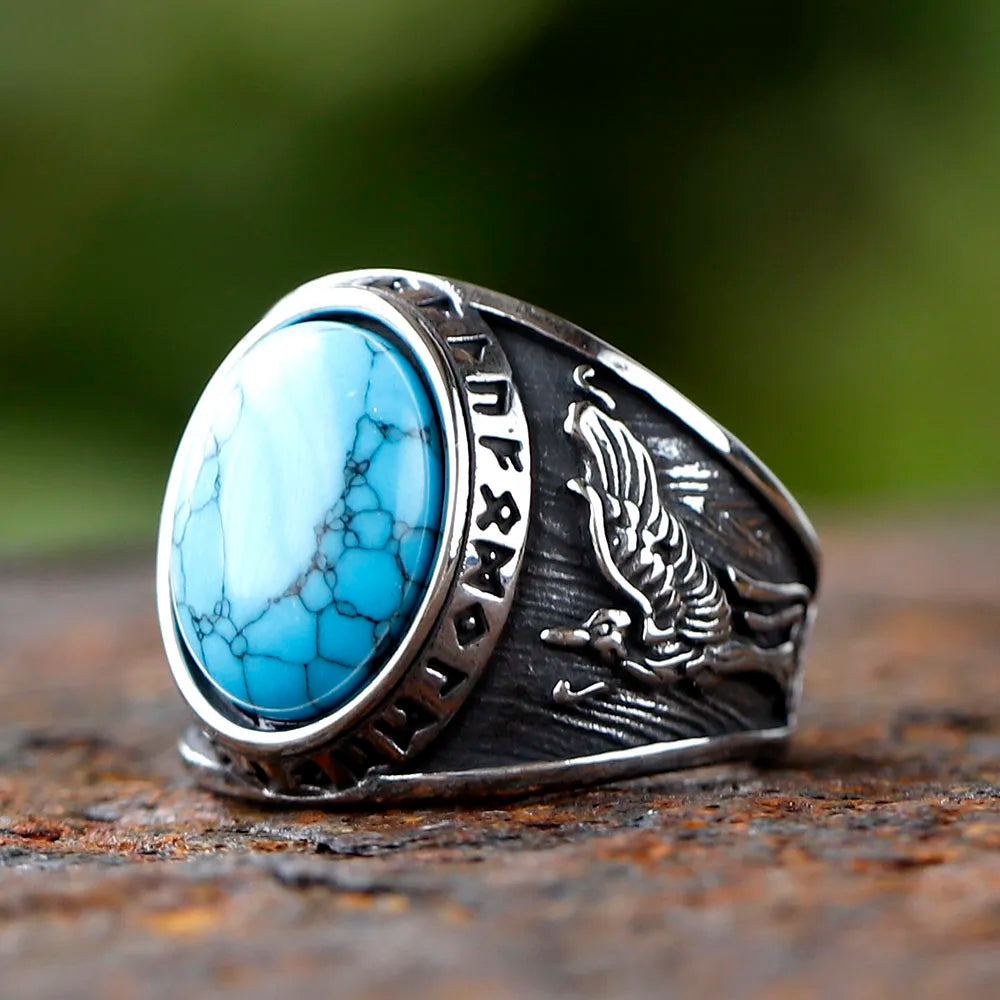 Stainless Steel Viking Rune and Wolf Ring with Green Zircon β Strength, Power & Norse Spirit