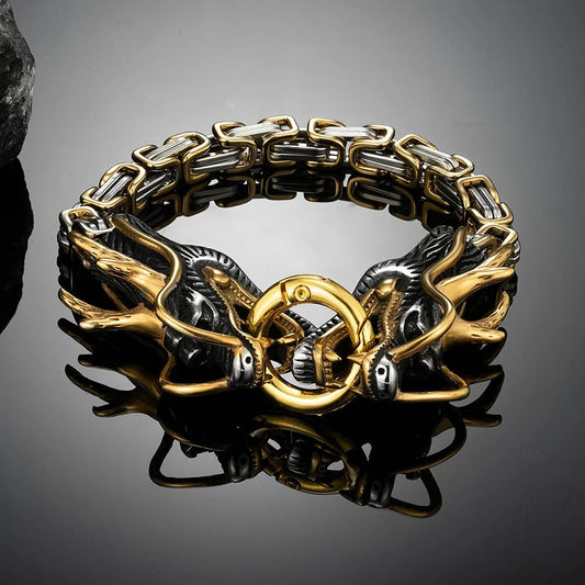 Stainless steel Viking bracelet featuring gold-and-black dragon heads and chain links.
