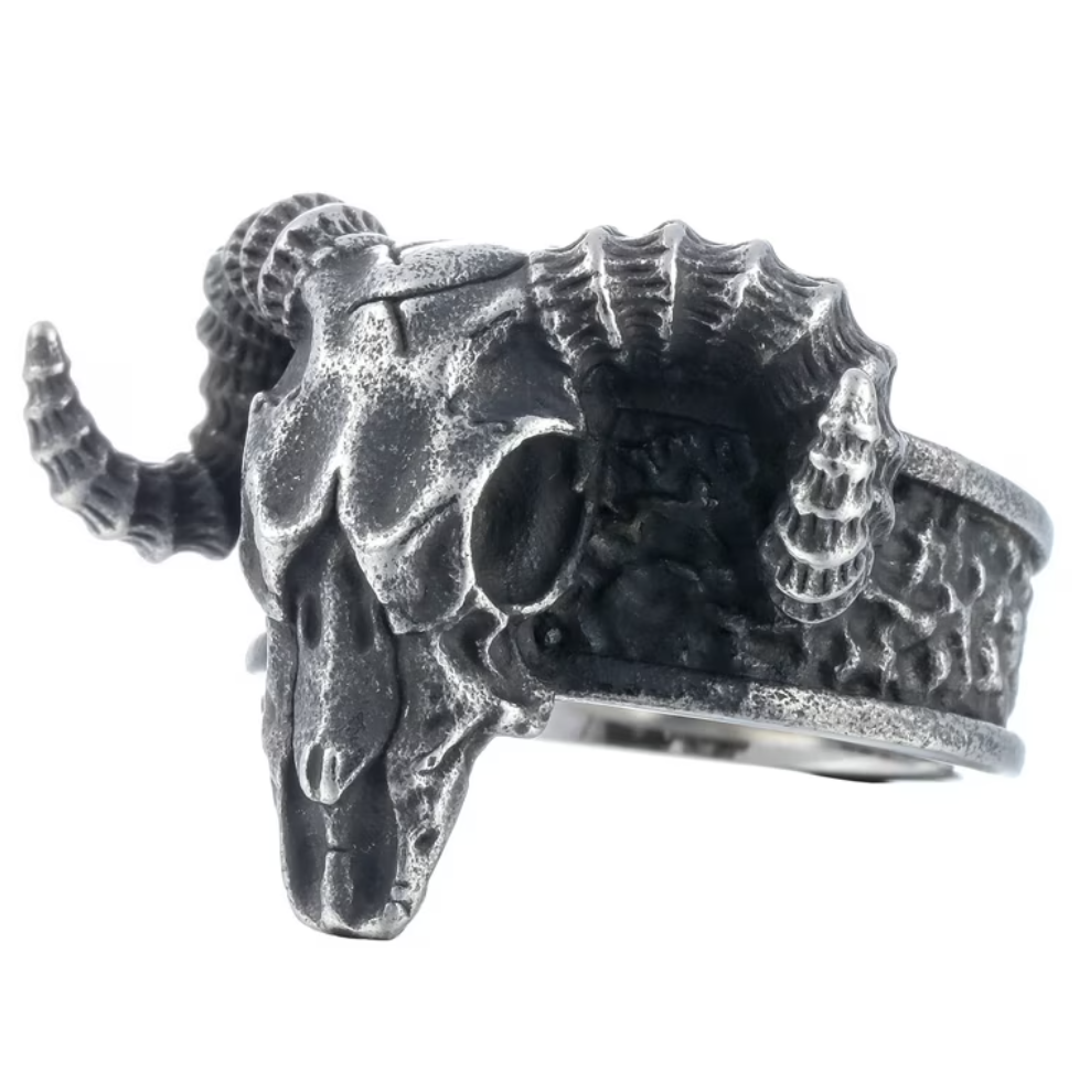 A stainless steel ring with a bold skull design, featuring intricate details and a rugged texture.