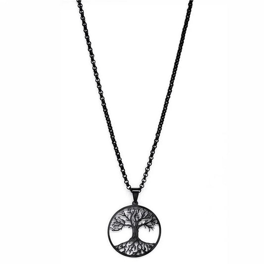 Black stainless steel Tree of Life necklace featuring circular pendant design inspired by Yggdrasil, symbolizing balance, growth, and destiny.