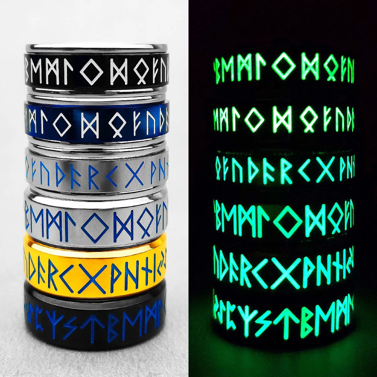 Luminous Stainless Steel Viking Rune Rings