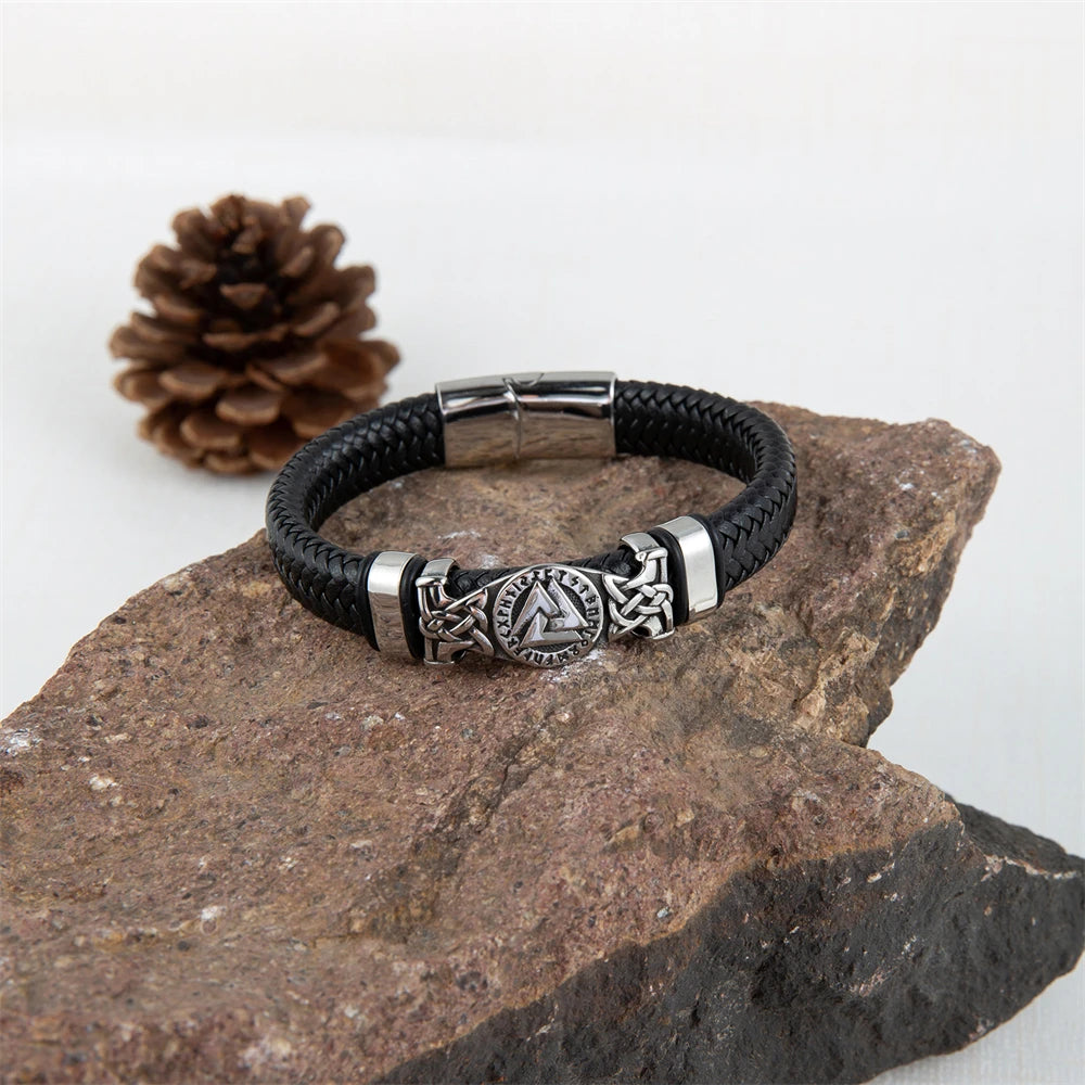 Norse Valknut Genuine Leather Bracelet