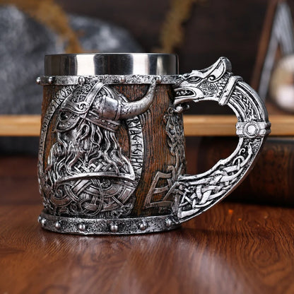 Valhalla Viking Tankard – Stainless Steel & Resin Norse Beer Mug