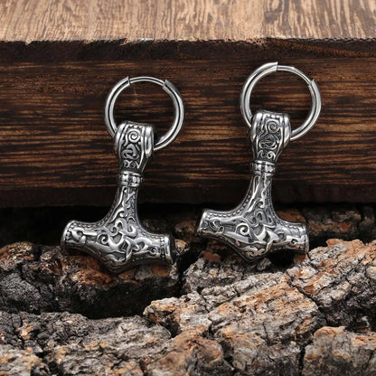 Thor’s Hammer Drop Earrings – Stainless Steel Mjölnir Viking Jewelry
