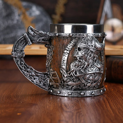 Valhalla Viking Tankard – Stainless Steel & Resin Norse Beer Mug