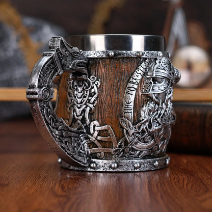 Valhalla Viking Tankard – Stainless Steel & Resin Norse Beer Mug