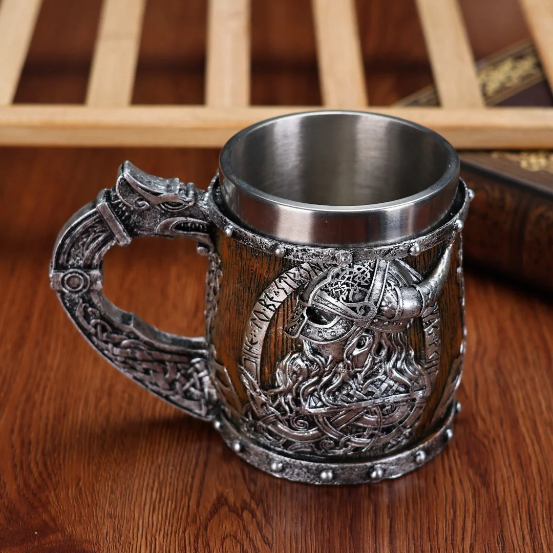 Valhalla Viking Tankard – Stainless Steel & Resin Norse Beer Mug