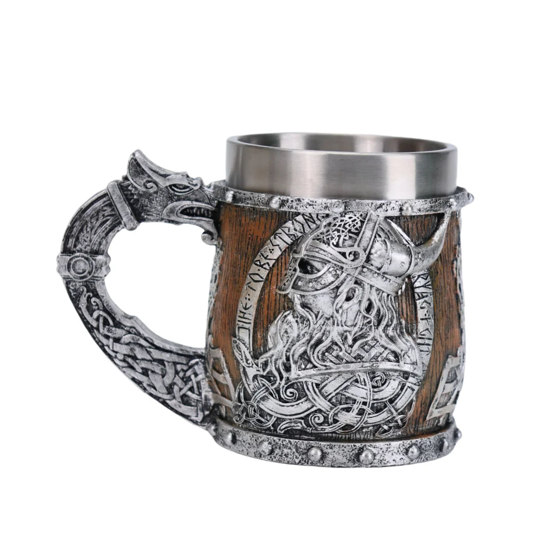 Valhalla Viking Tankard – Stainless Steel & Resin Norse Beer Mug