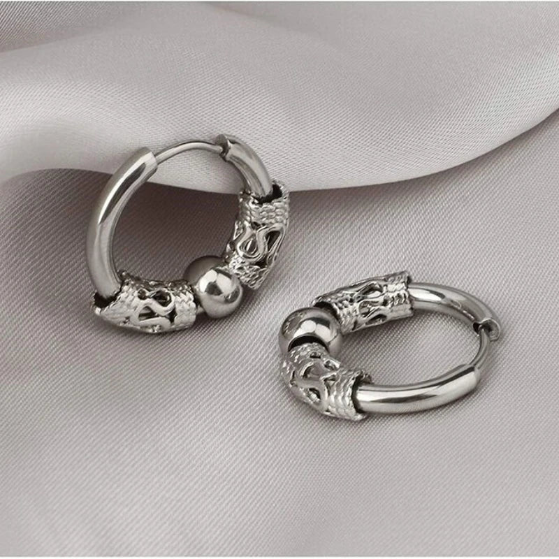 Viking Dragon Hoop Earrings – Stainless Steel Totem Hoops for Men & Women (12mm–16mm)
