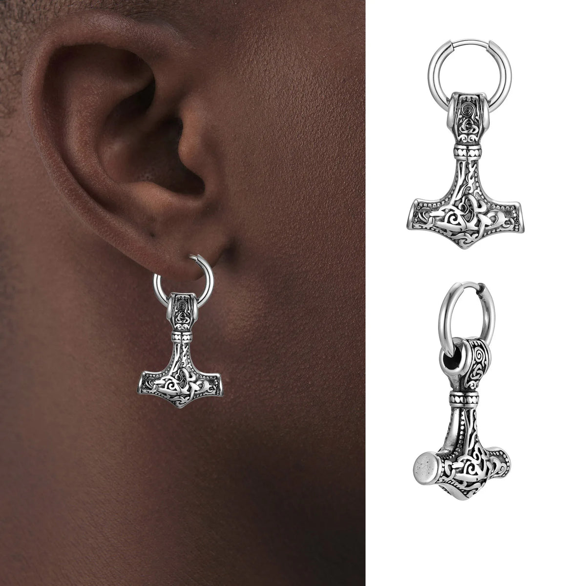 Thor’s Hammer Drop Earrings – Stainless Steel Mjölnir Viking Jewelry