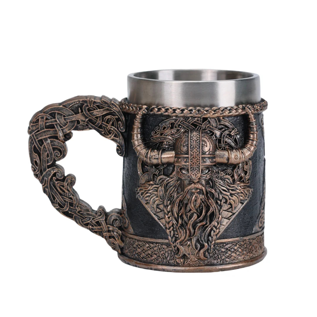 Valhalla Viking Tankard – Stainless Steel & Resin Norse Beer Mug