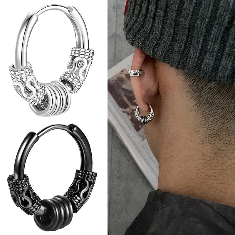 Viking Dragon Hoop Earrings – Stainless Steel Totem Hoops for Men & Women (12mm–16mm)