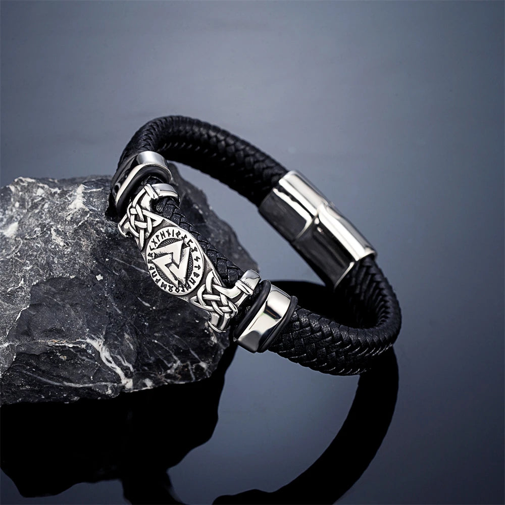 Norse Valknut Genuine Leather Bracelet