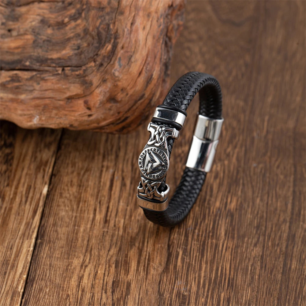 Norse Valknut Genuine Leather Bracelet