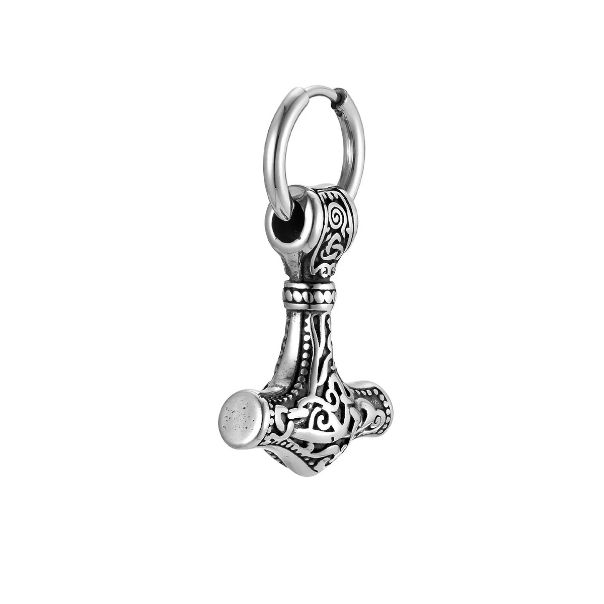 Silver-toned metal hammer charm pendant with Celtic knotwork detailing and an integrated loop, shown with dimension lines indicating 3.5cm height and 1.