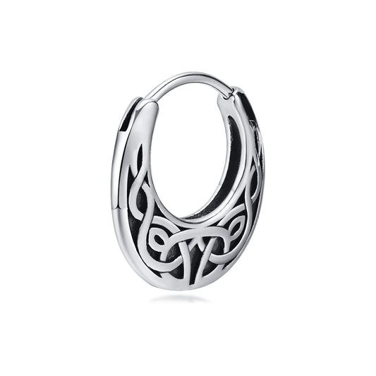 Silver stainless steel hoop earring engraved with Nordic knot design, symbolizing eternal strength, unity, and Viking heritage.