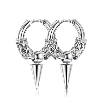 Silver hoop earrings with cone-shaped ends on a white background