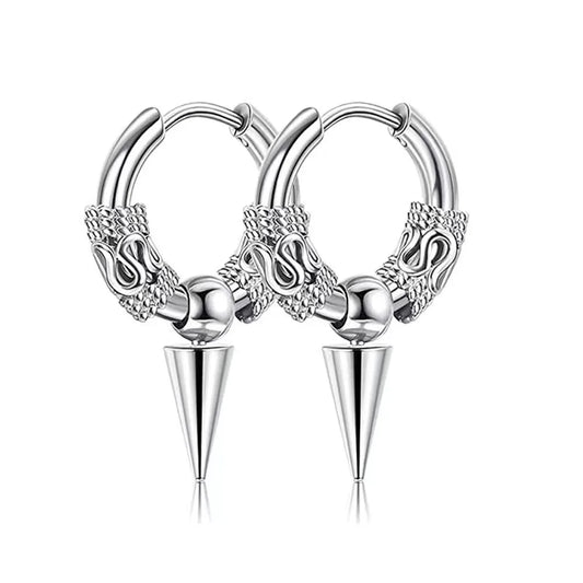 Silver hoop earrings with cone-shaped ends on a white background