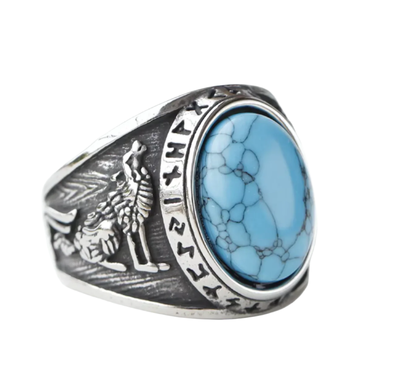 Stainless steel Viking signet ring with wolf engraving, runes, and a turquoise stone.