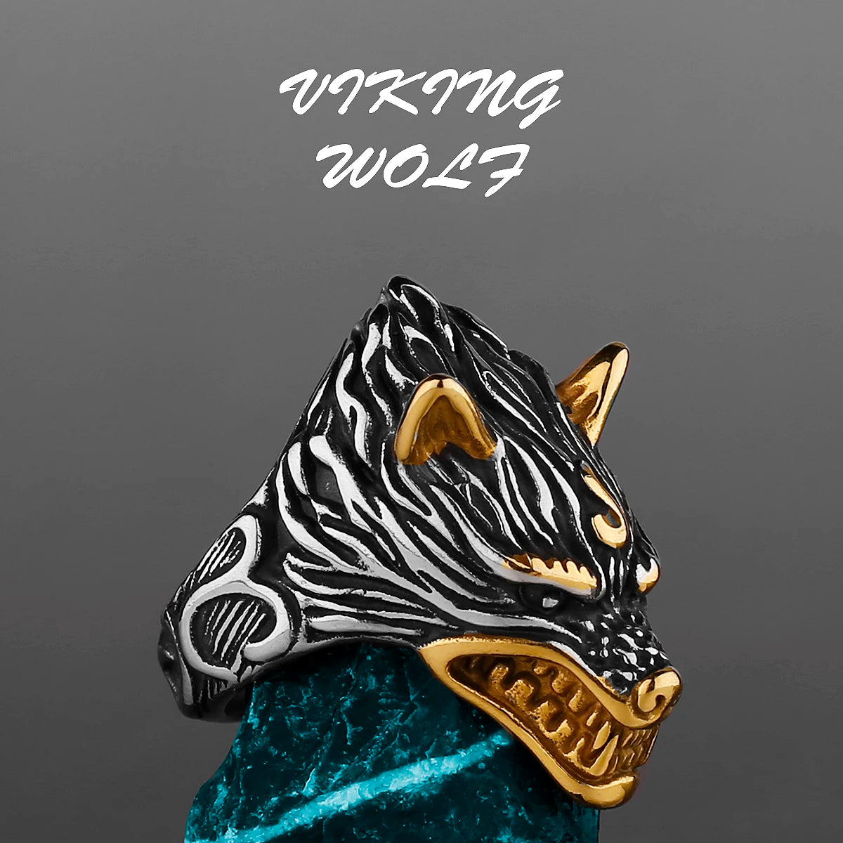 Viking wolf ring with gold accents on a gray background