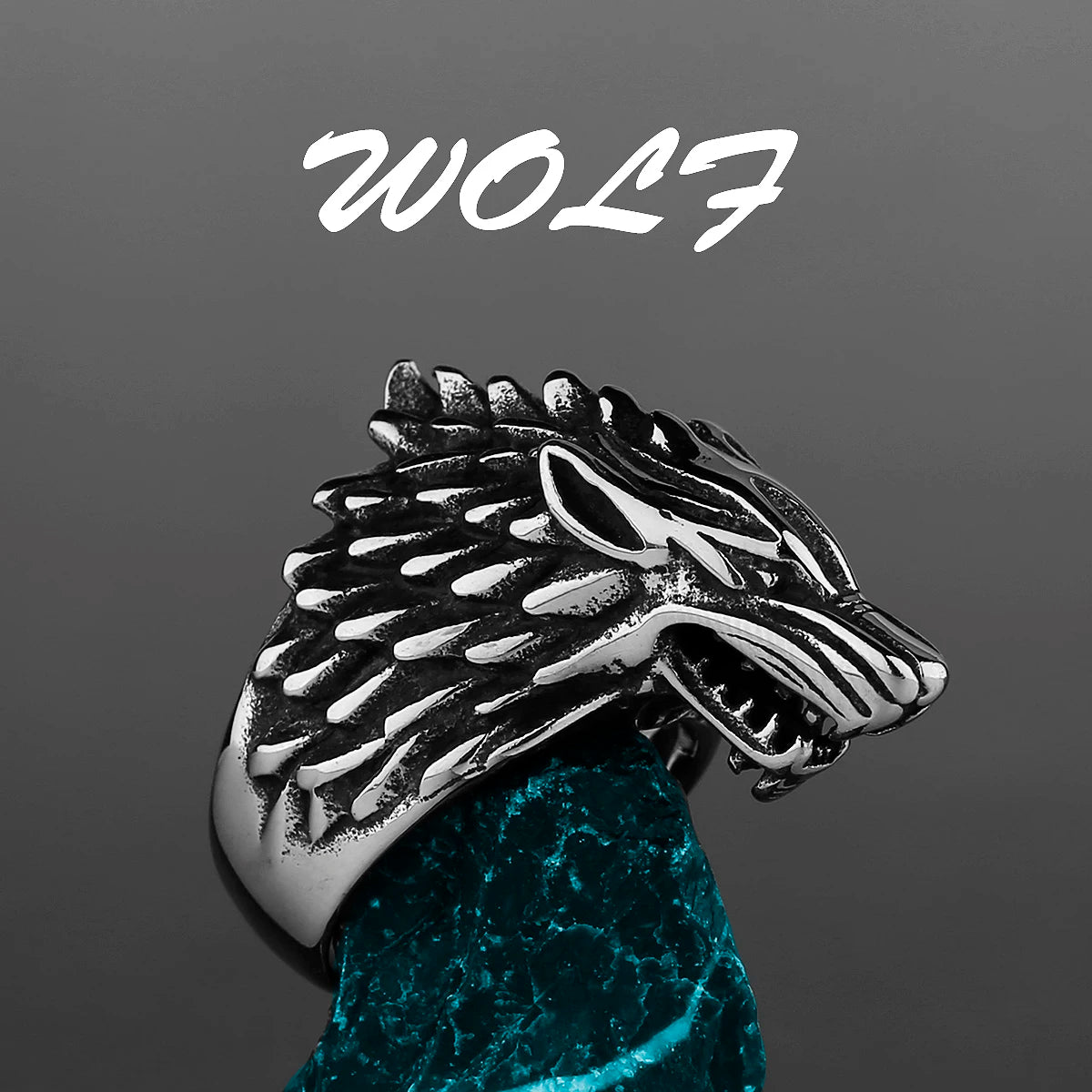 Wolf head ring on a dark background with 'WOLF' text above