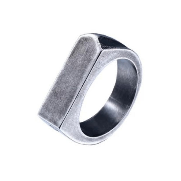 Minimalist stainless steel Viking ring with a rectangular geometric top design.