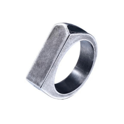 Minimalist stainless steel Viking ring with a rectangular geometric top design.