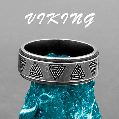 Stainless steel Nordic Viking ring engraved with repeating Valknut symbols on a blue stone base.