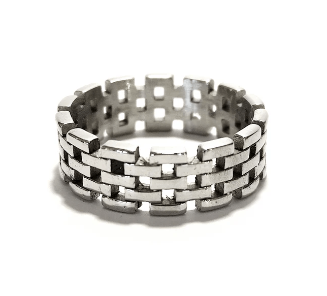 Nordic Viking woven silver ring with interlocked rectangular pattern.