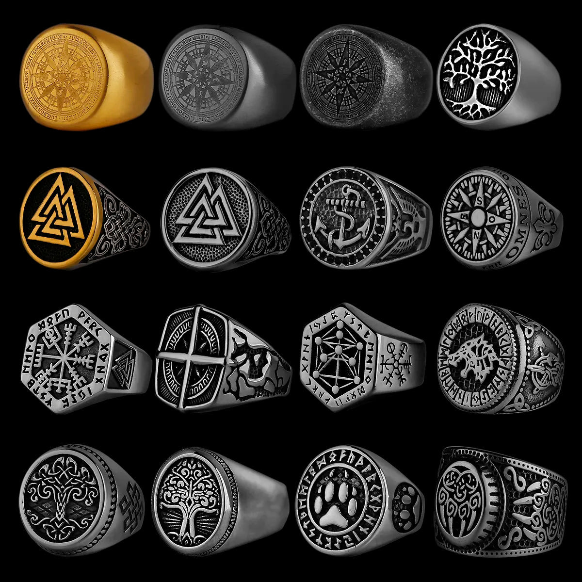 A collection of Viking-themed rings displayed on a black background, showcasing detailed Norse designs such as Fenrir, Odin's ravens, Valknut, Vegvísir, and intricate knotwork. The rings are crafted in black, silver, and gold finishes, embodying ancient Scandinavian symbolism.