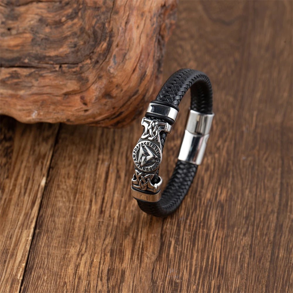 Norse Valknut Genuine Leather Bracelet - Odin's Shore