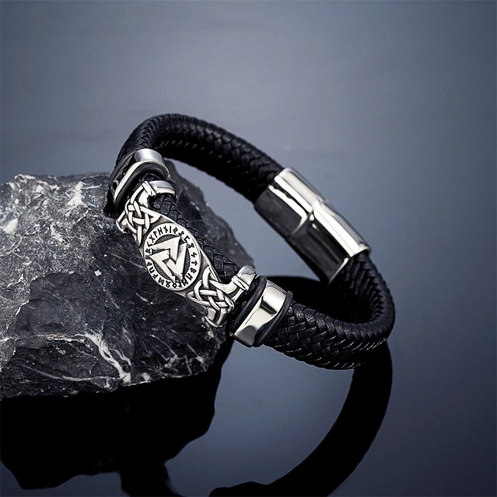 Norse Valknut Genuine Leather Bracelet - Odin's Shore