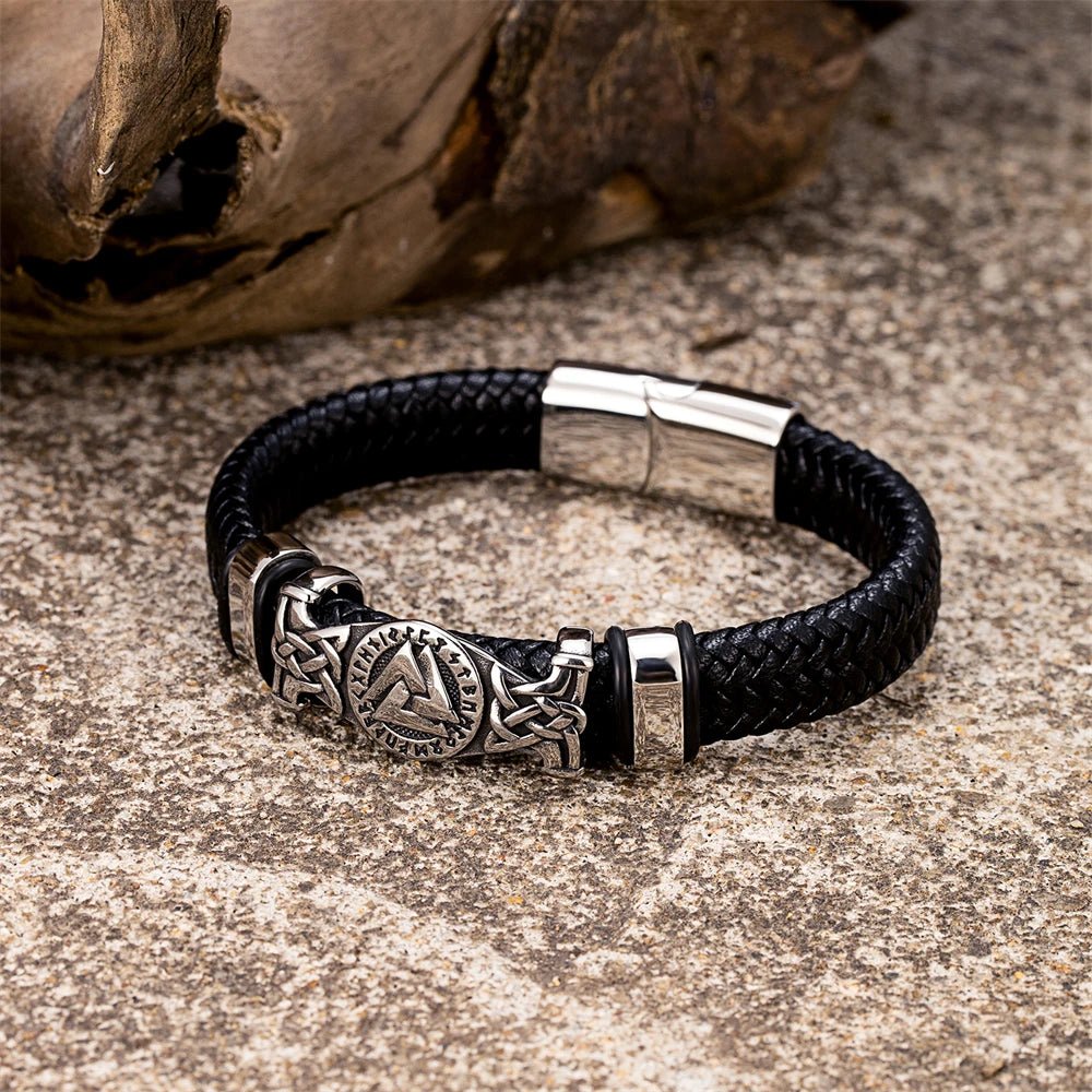 Norse Valknut Genuine Leather Bracelet - Odin's Shore