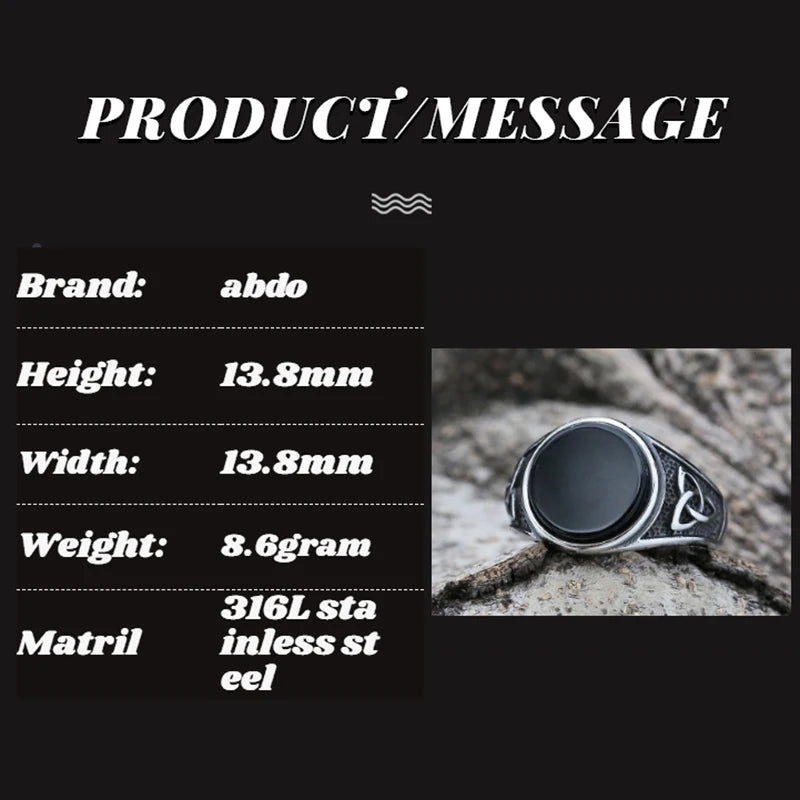 Product specifications for the Trinity of Power Ring, detailing size, weight, and 316L stainless steel material.