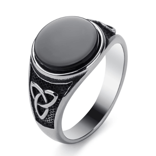 The Trinity of Power Ring with polished black stone centerpiece and Norse Trinity Knot engravings on stainless steel.