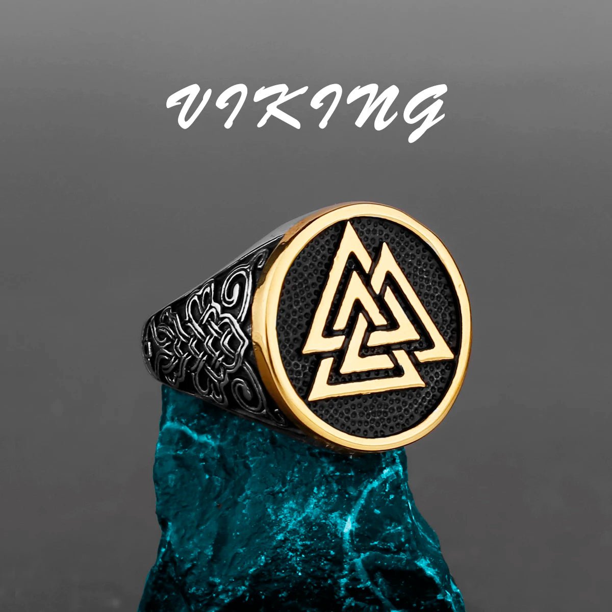 Black and gold Viking ring showcasing the Valknut symbol, designed with Norse-inspired engravings on the sides.