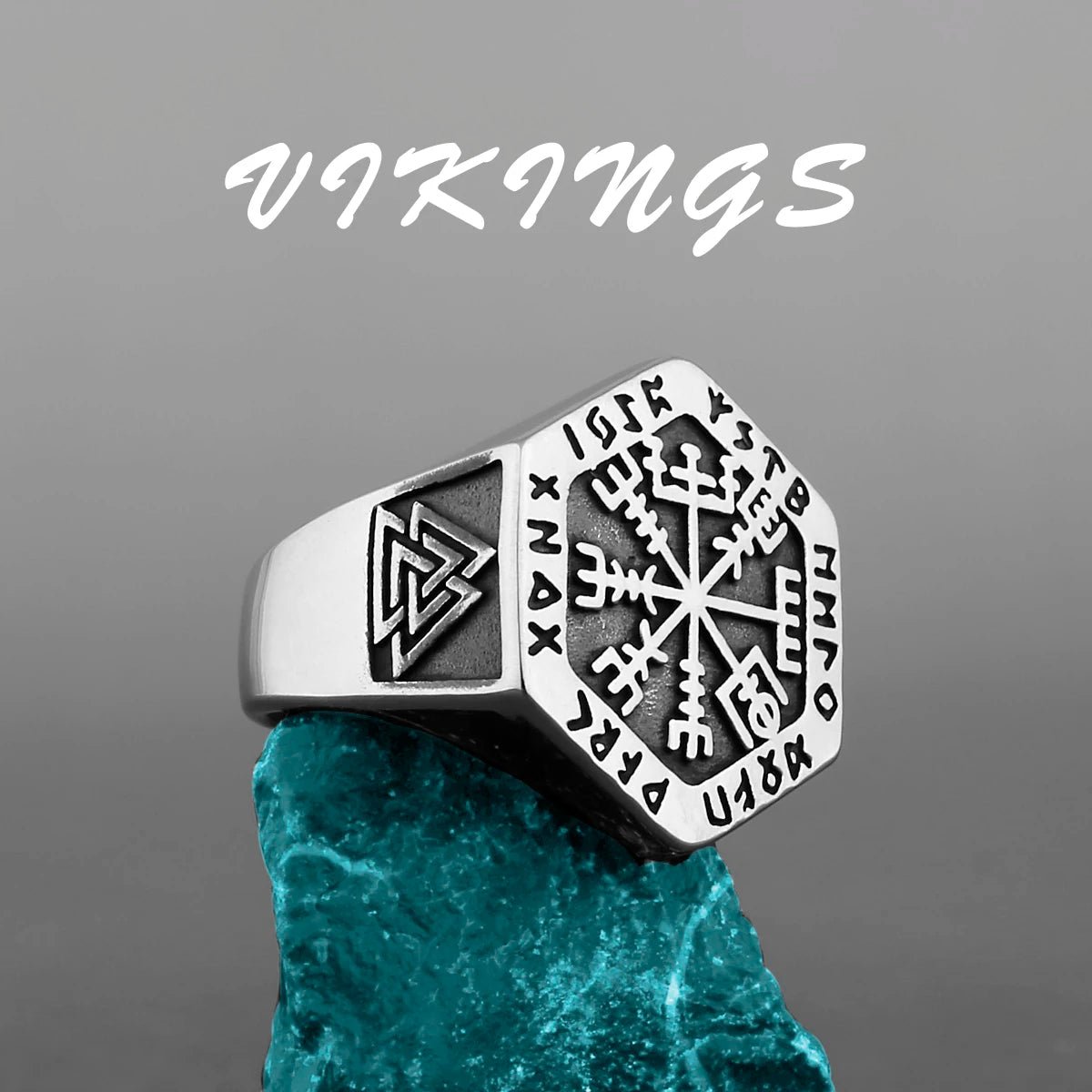 Hexagonal Viking ring displaying the Vegvisir, the Nordic compass, surrounded by runic inscriptions.