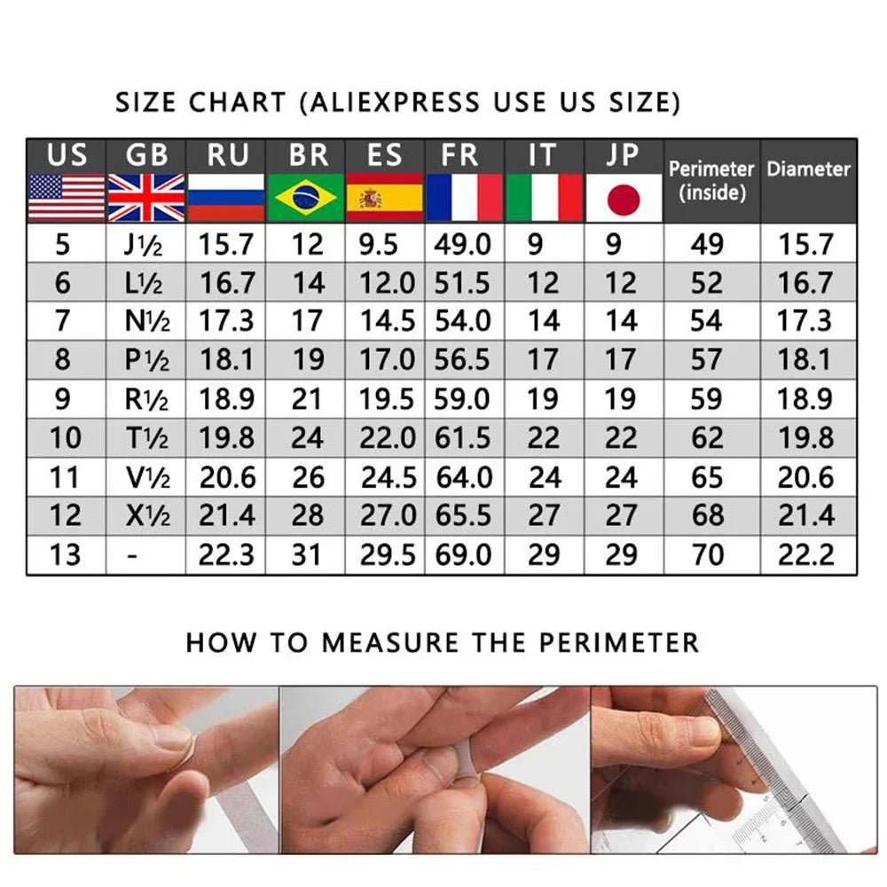 Viking ring size chart with US, UK, EU, and JP sizes, including perimeter and diameter measurements.