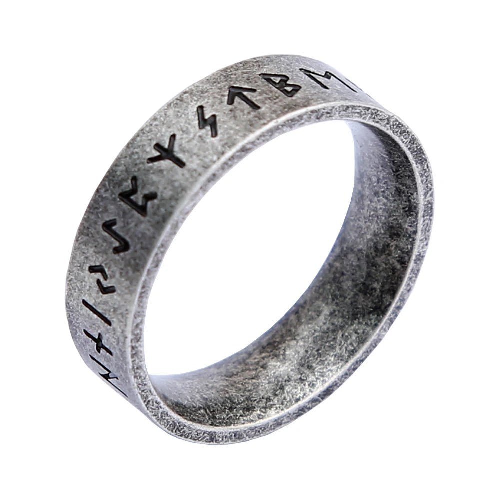 Close-up of Viking Rune Ring showing detailed Norse rune engravings.