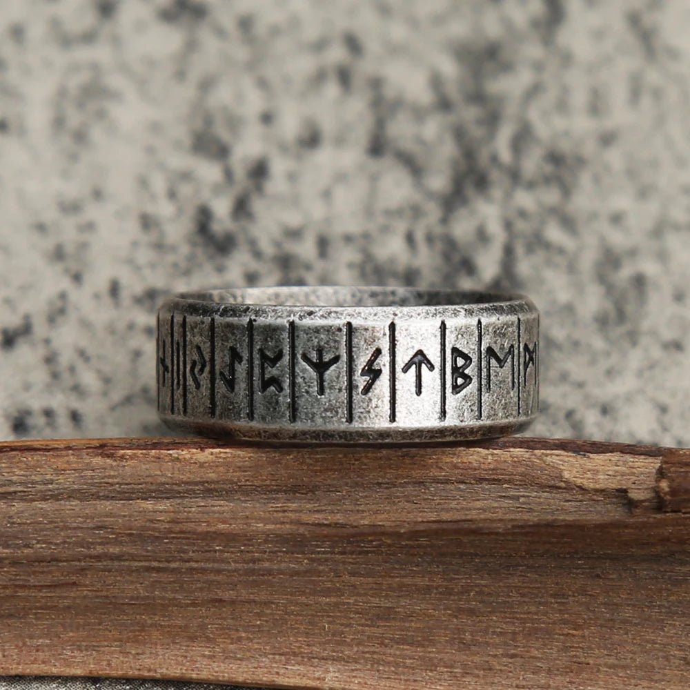 Vertical close-up of Viking Rune Ring showcasing the rune engravings along the band.