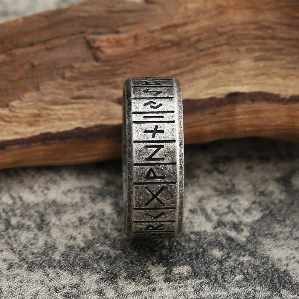 Vertical close-up of Viking Rune Ring showcasing the rune engravings along the band.