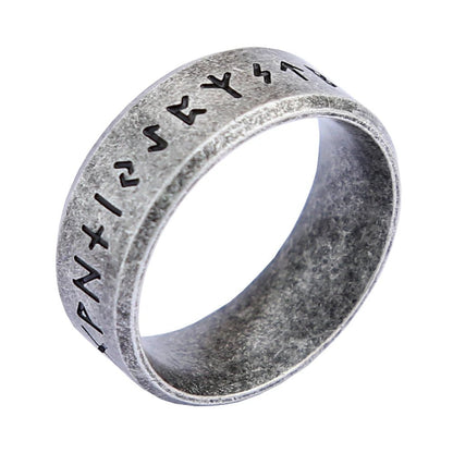 Viking Rune Ring made of stainless steel, engraved with Norse runes around the band.